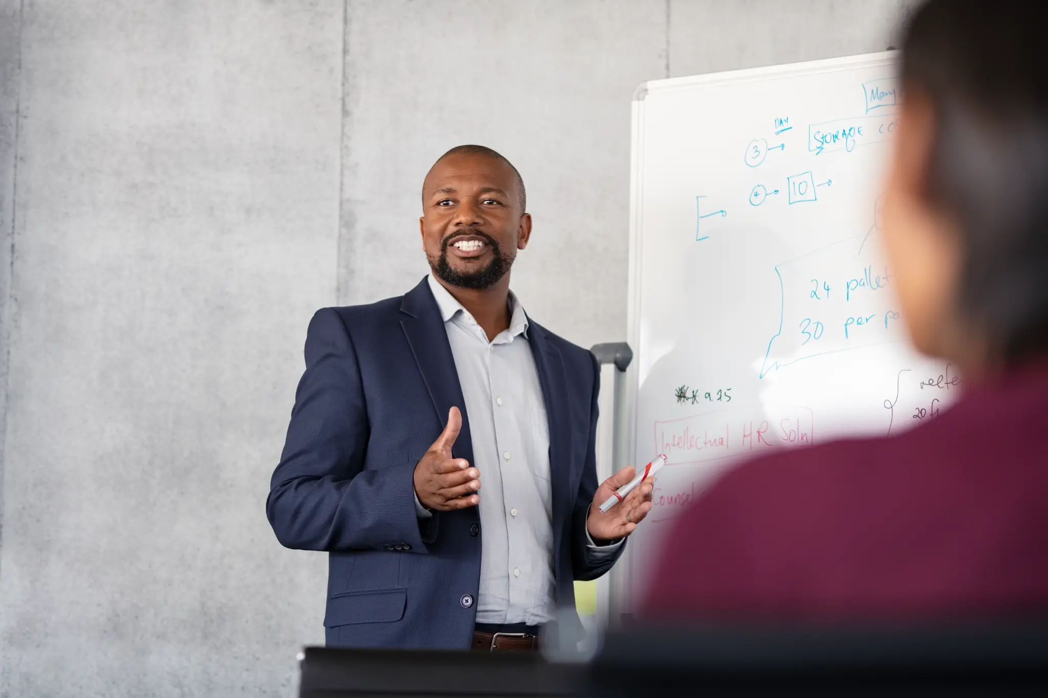 Business professional presenting ideas at a whiteboard during a meeting